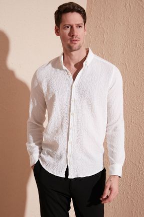 پیراهن سفید مردانه اسلیم فیت یقه دکمه دار پنبه - پلی استر کد 635376213