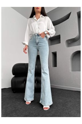شلوار جین آبی زنانه پاچه اسپانیولی فاق بلند جین ساده کد 809016605