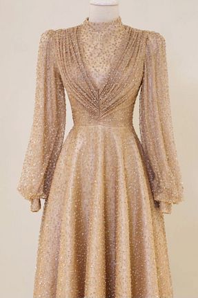 لباس مجلسی حجاب طلائی زنانه توری Dress Life - کد 835605490