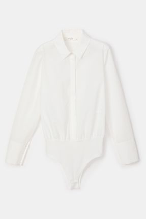 بادی سفید زنانه یقه پیراهنی پنبه - پلی استر آستین استاندارد اورسایز کد 771716391