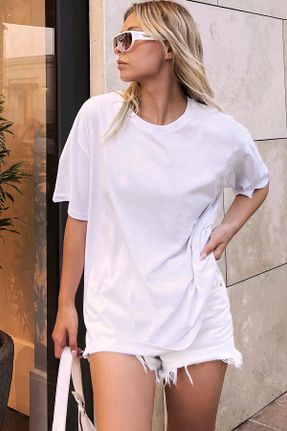 تی شرت سفید زنانه اورسایز یقه گرد پنبه (نخی) تکی کد 260976282