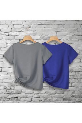تی شرت طوسی زنانه رگولار یقه هفت پنبه (نخی) 2