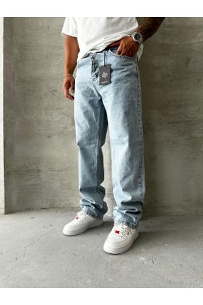 شلوار جین آبی مردانه پاچه گشاد پنبه (نخی) ساده جوان کد 840380741