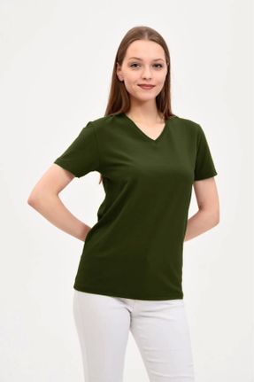 تی شرت خاکی زنانه رگولار یقه هفت تکی بیسیک کد 841588109