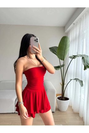 لباس قرمز زنانه بافتنی ریلکس آستین-کوتاه کد 804326634
