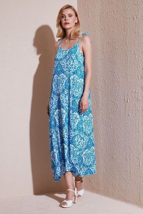 لباس آبی زنانه بافتنی مخلوط پلی استر رگولار بند دار کد 834936446