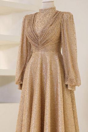 لباس مجلسی حجاب طلائی زنانه توری Dress Life - کد 835605490