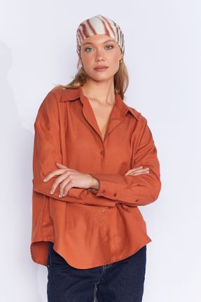 پیراهن نارنجی زنانه Fitted یقه پیراهنی پنبه (نخی) کد 822771351