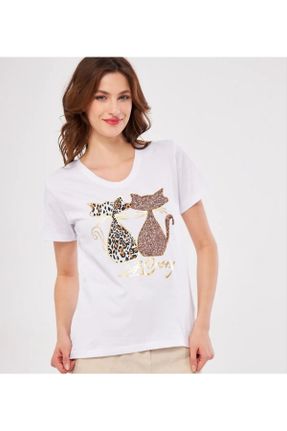 تی شرت سفید زنانه رگولار یقه هفت پنبه (نخی) تکی طراحی کد 843506880