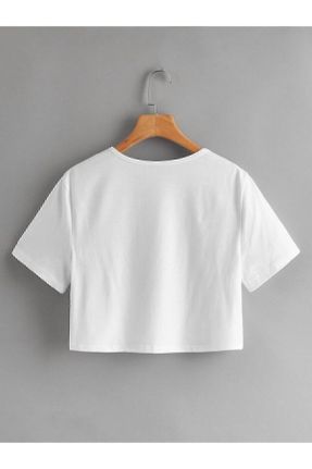 تی شرت سفید زنانه کراپ یقه گرد پنبه (نخی) تکی بیسیک کد 101266362