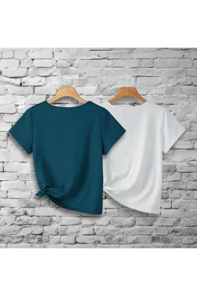 تی شرت آبی زنانه رگولار یقه هفت پنبه (نخی) 2