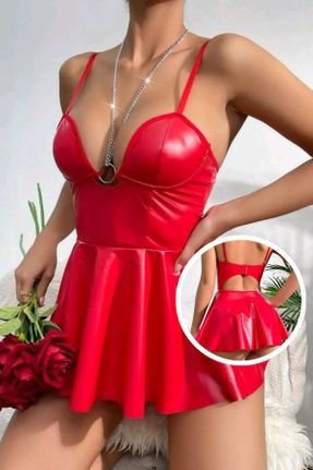 لباس قرمز زنانه چرم مصنوعی تنگ بند دار کد 843987384