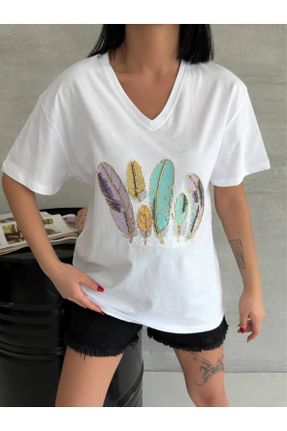 تی شرت سفید زنانه ریلکس یقه هفت تکی طراحی کد 831798683