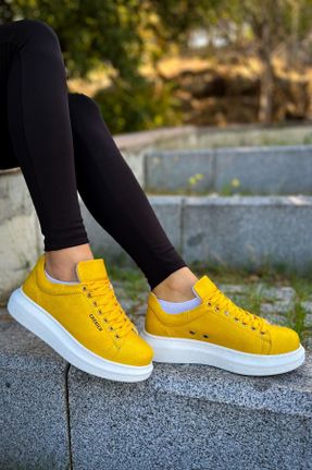 کفش اسنیکر زرد زنانه بند دار چرم مصنوعی کد 803582420