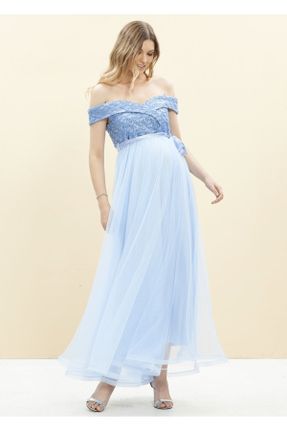 لباس مجلسی حاملگی آبی زنانه A-line استراپلز پولکی کد 310788794