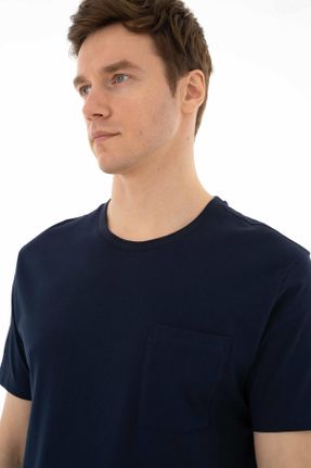 تی شرت سرمه ای مردانه رگولار یقه گرد پنبه (نخی) تکی بیسیک کد 718290677