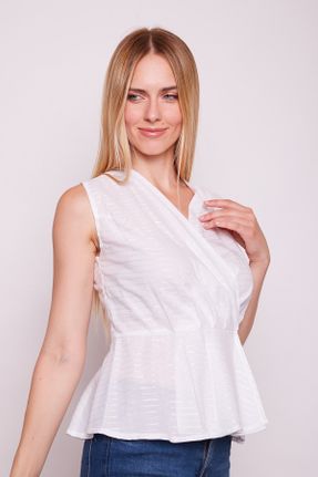 بلوز سفید زنانه طرح دار رگولار یقه دوبل بدون آستین کد 319996132