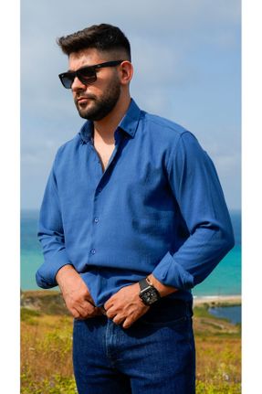 پیراهن آبی مردانه رگولار یقه پیراهنی پنبه - پلی استر - الاستن کد 843208438