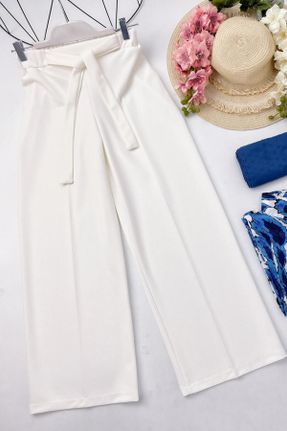 شلوار سفید زنانه پنبه - پلی استر بافتنی پاچه راحت بدون جیب فاق بلند کد 40525678
