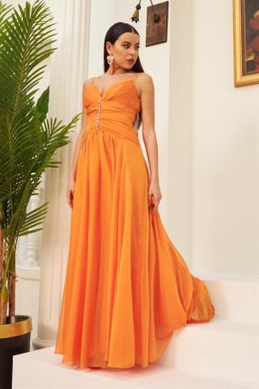 لباس مجلسی نارنجی زنانه شیفون آویزی اسلیم فیت یقه هفت آستر دار کد 655833701