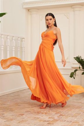 لباس مجلسی نارنجی زنانه شیفون آویزی اسلیم فیت یقه هفت آستر دار کد 655833701