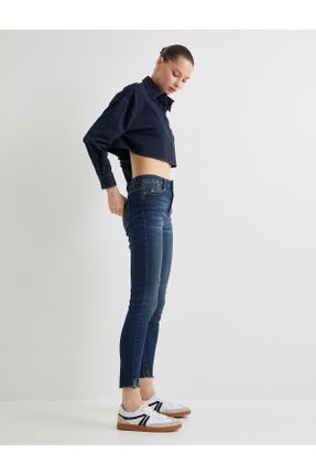 شلوار جین سرمه ای زنانه پاچه لوله ای فاق بلند جین کاپری کد 805947520