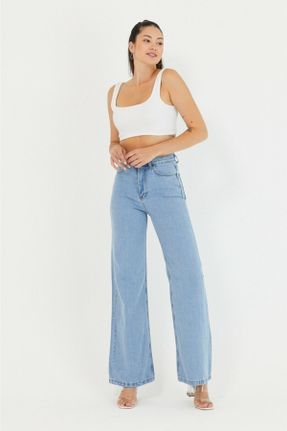 شلوار جین آبی زنانه پاچه گشاد فاق بلند ساده بلند کد 124089638