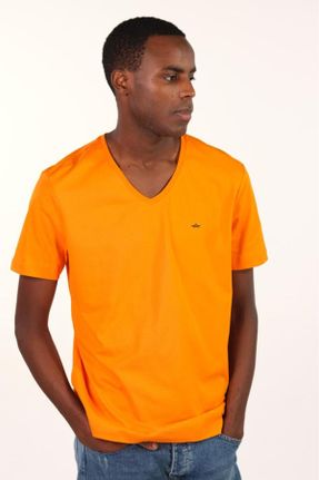 تی شرت نارنجی مردانه رگولار یقه هفت پنبه (نخی) تکی بیسیک کد 304887164