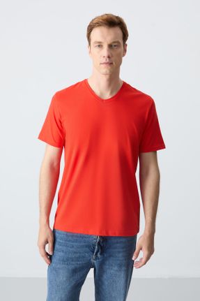 تی شرت نارنجی مردانه رگولار یقه هفت پنبه (نخی) تکی جوان کد 89375512