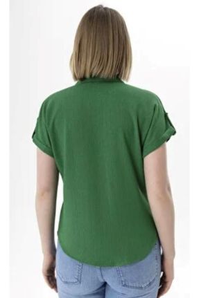 پیراهن سبز زنانه ریلکس یقه پیراهنی بافت کد 844099351
