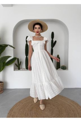 لباس سفید زنانه بافتنی پنبه - پلی استر طرح گلدار بند دار کد 835778481