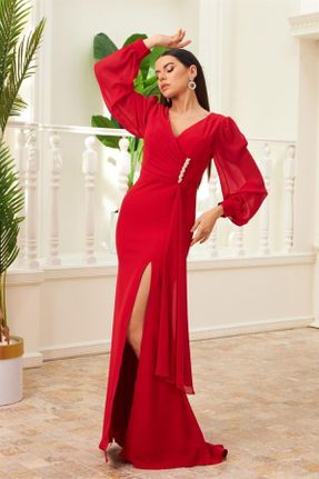 لباس مجلسی قرمز زنانه شیفون اسلیم فیت یقه هفت آستر دار کد 658921534
