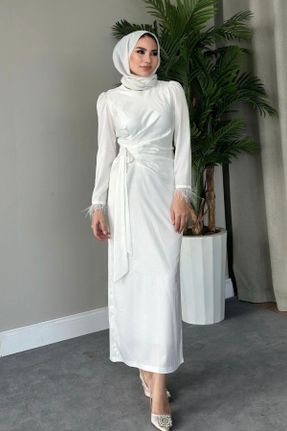 لباس مجلسی سفید زنانه یقه گرد ساتن آستین استاندارد رگولار کد 681633846