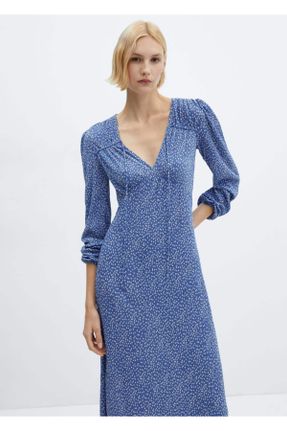 لباس آبی زنانه بافت پلی استر طرح گلدار رگولار آستین-بلند کد 805859739