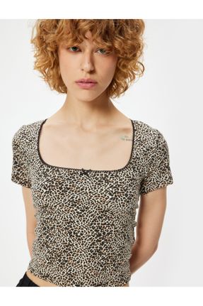 تی شرت مشکی زنانه یقه مربع پنبه (نخی) تکی بیسیک کد 841916353