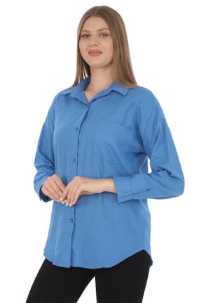 پیراهن آبی زنانه اورسایز یقه پیراهنی کد 831849029