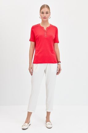 تی شرت قرمز زنانه رگولار یقه گرد پنبه (نخی) تکی بیسیک کد 812043850