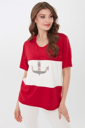 تی شرت قرمز زنانه رگولار یقه خدمه مخلوط ویسکون تکی کد 266892926