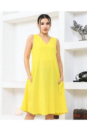 لباس زرد زنانه بافتنی ویسکون اورسایز بند دار بیسیک کد 829697030