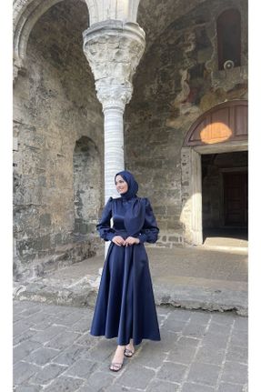 لباس مجلسی اسلامی سرمه ای زنانه یقه ایستاده پلی استر رگولار کد 704465755