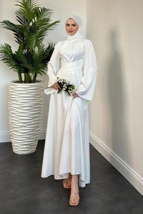 لباس مجلسی سفید زنانه ساتن آستین استاندارد رگولار کد 828468657