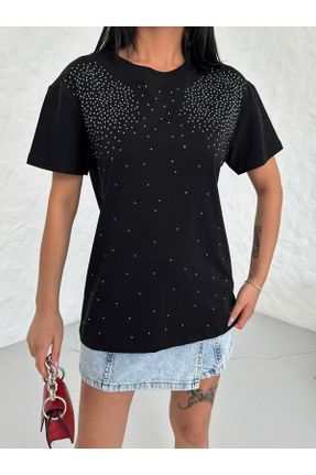 تی شرت مشکی زنانه ریلکس یقه گرد تکی طراحی کد 839476109