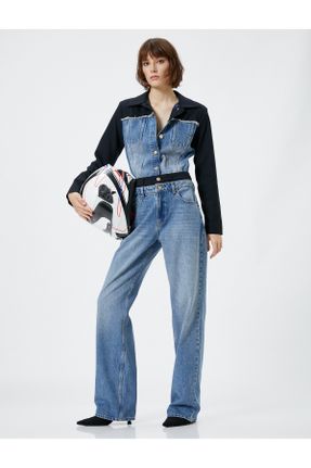 شلوار جین آبی زنانه پاچه گشاد فاق بلند ساده کاپری کد 792323021