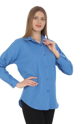 پیراهن آبی زنانه اورسایز یقه پیراهنی کد 831849029