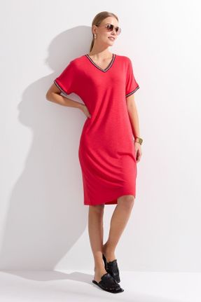 لباس قرمز زنانه بافتنی مخلوط ویسکون رگولار آستین-کوتاه کد 810272219