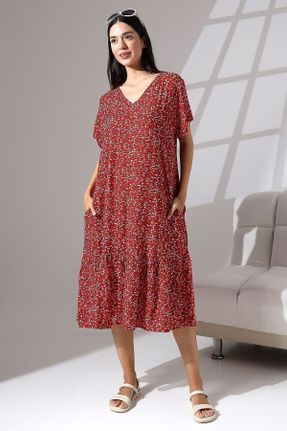 لباس قرمز زنانه بافتنی ویسکون طرح گلدار سایز بزرگ آستین-کوتاه کد 828112134