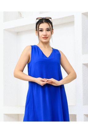 لباس آبی زنانه بافتنی ویسکون اورسایز بند دار بیسیک کد 829753449