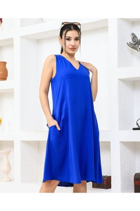 لباس آبی زنانه بافتنی ویسکون اورسایز بند دار بیسیک کد 829753449