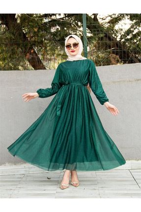 لباس مجلسی سبز زنانه یقه ایستاده تور رگولار کد 250704596