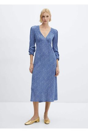 لباس آبی زنانه بافت پلی استر طرح گلدار رگولار آستین-بلند کد 805859739